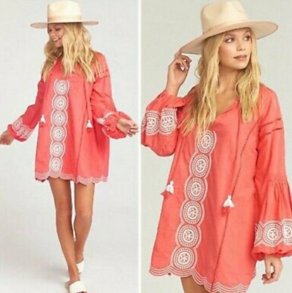 Show Me Your MuMu Dresses & Skirts - NWT! SHOW ME YOUR MUMU EMBROIDERED TUNIC LONG SLEEVE DRESS TOP CORAL SIZE SMALL